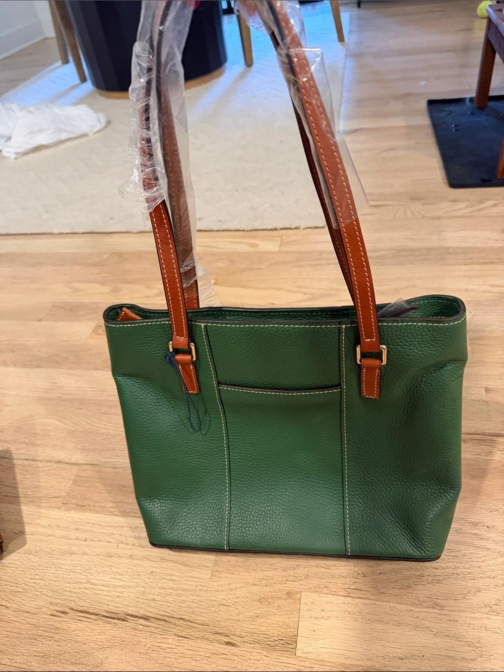 Dooney & Bourke Green Pebbled Leather Tote with Brown Straps